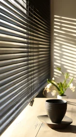 Window blinds and cup with afternoon light patterns.