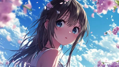 Backlit anime girl under sakura petals with dynamic sky lighting