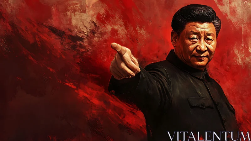 Political leader portrait against turbulent red abstraction.