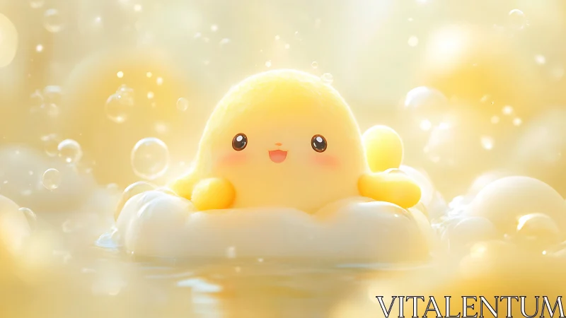 Glow-kissed yellow mascot in dreamy soap bubble bath.
