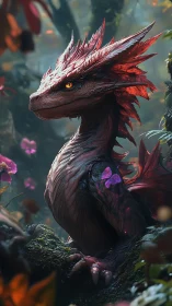 Iridescent juvenile dragon with bioluminescent markings in misty forest