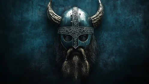 Orthogonally lit Viking helm portrait with engraved horned visor.