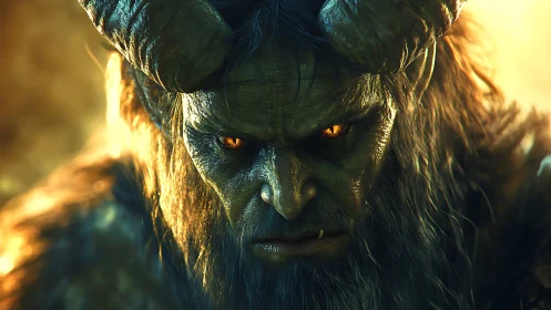 Horned humanoid creature faces camera under warm backlight