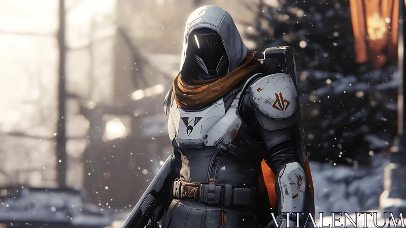 Armored sci fi guardian stands in snowy urban ruins