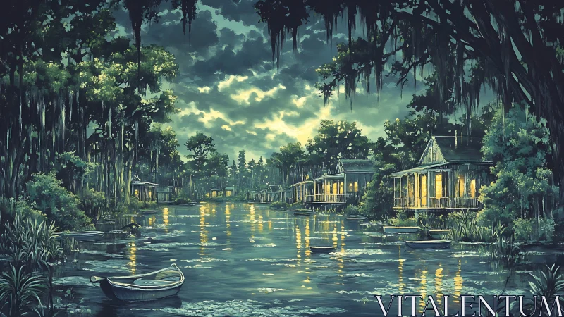 Riverside cabins line a tree-covered bayou under cloudy sky