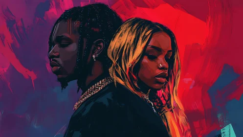 Digital portrait of two people in profile against vivid background.