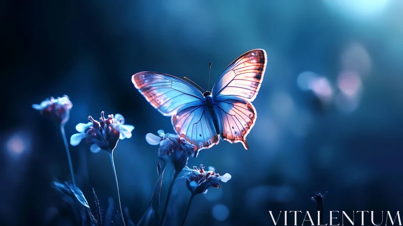 Bioluminescent-toned butterfly in shallow-depth nocturne field.