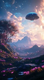 UFO hovers above luminous alien valley at sunset