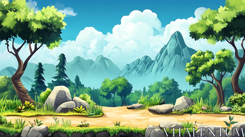 Scenic Mountain Valley with Lush Wilderness and Bright Sky