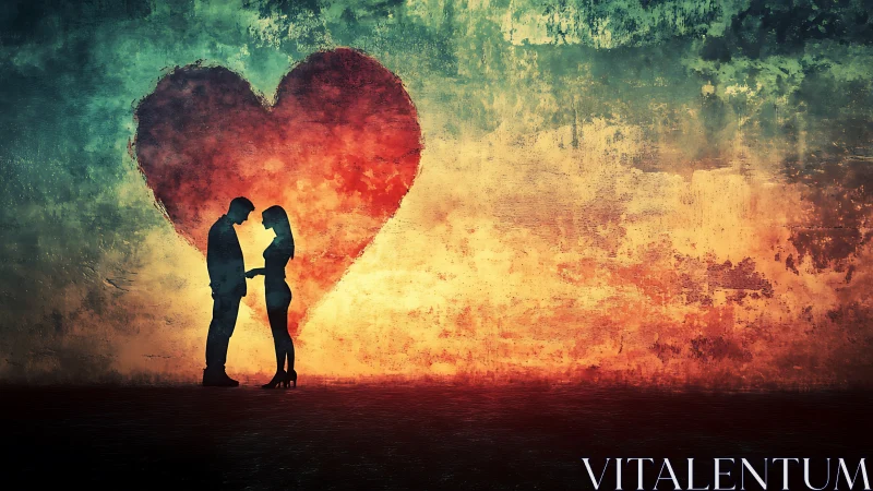 Silhouetted couple beneath luminous red heart
