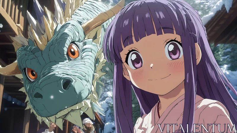 Anime shrine scene with smiling girl and teal dragon companion.