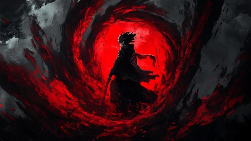 Dark cloaked figure stands within swirling red vortex