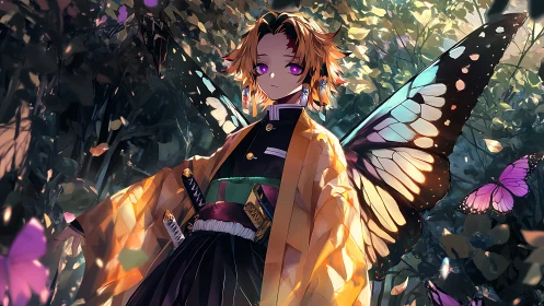 Butterfly-winged character stands in dappled forest light