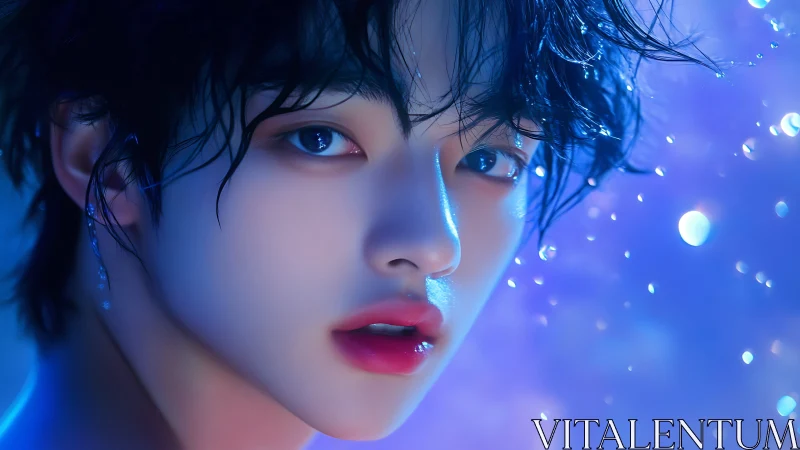 Dreamy blue portrait of a luminous, soft-eyed night muse.