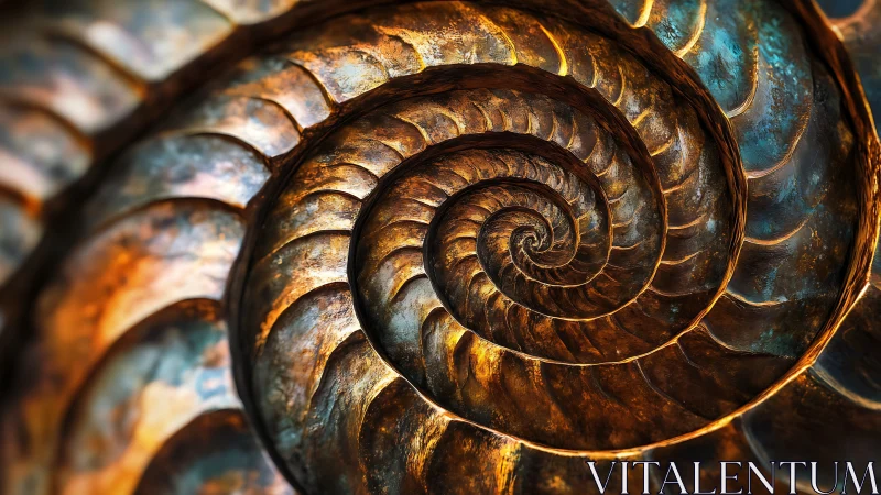 Glowing spiral shell pattern draws you into metallic warmth