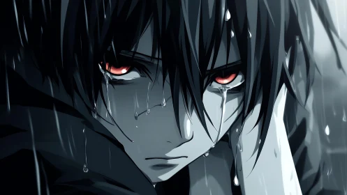 Brooding anime boy with red eyes crying in rainstorm.