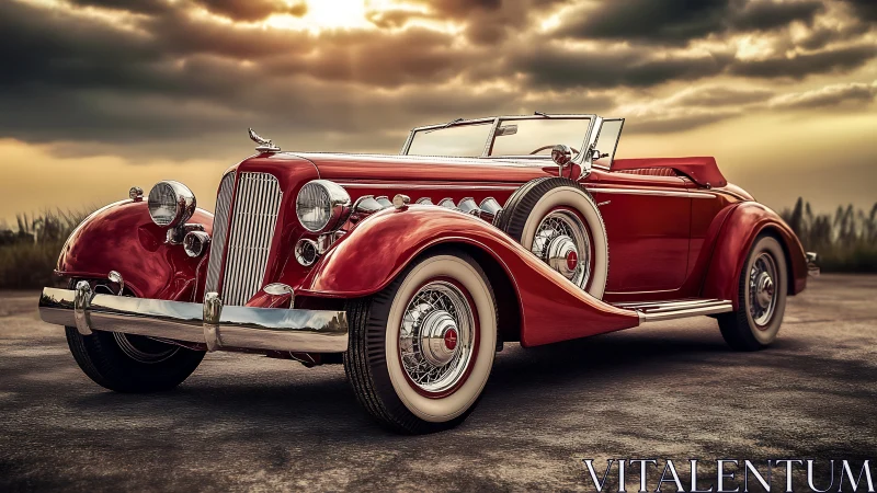 Sunlit red classic convertible waits for a nostalgic evening drive