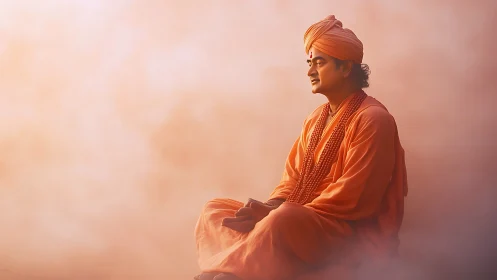 Seated monk in orange robes meditates within soft diffused haze
