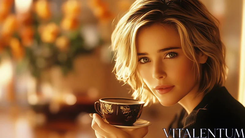 Woman holding teacup in warm golden cafe lighting scene.