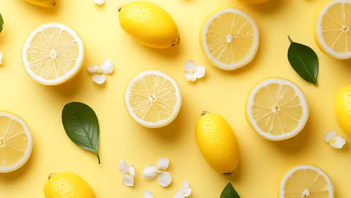 Lemon slices and whole fruit on bright yellow backdrop.