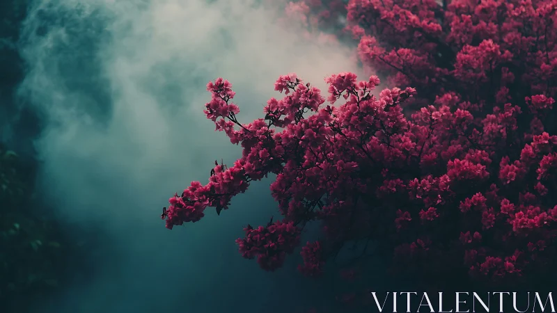 Velvety pink blossoms glow gently against swirling forest mist