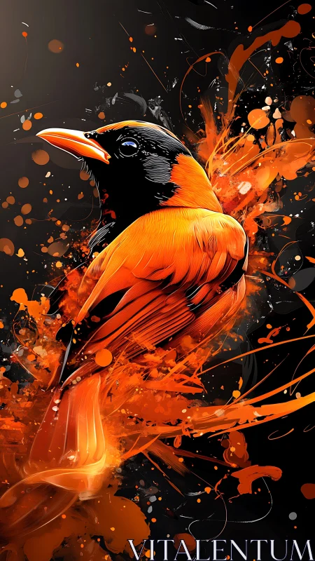 Digital rendering of orange-black bird with abstract splashes.