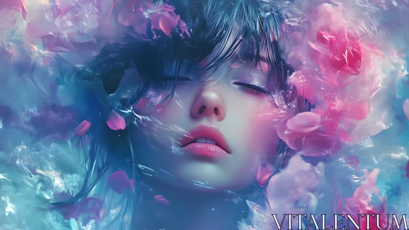 Iridescent portrait of submerged woman in blue pink petals
