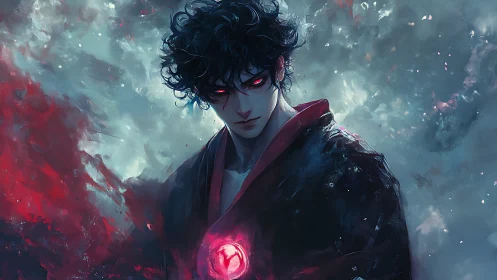 Dark mage with glowing heart core commands swirling energy.