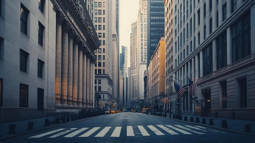 Empty Wall Street canyon with neoclassical banks at dusk.