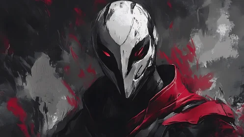 Red-caped shadow wraith with bone mask and ember eyes.