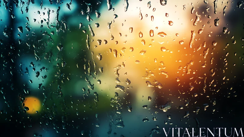 Raindrops on glass surface with blurred sunset background.