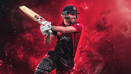 Dynamic digital painting of cricket batsman in explosive swing