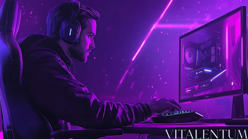 Focused gamer immersed in a cozy neon purple setup.