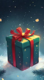 Illuminated green gift box with red bow in snowy night scene