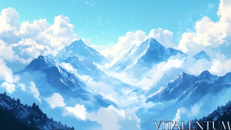 Layered alpine peaks emerge through volumetric cumulus clouds