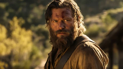 Weathered frontier wanderer under harsh western sunlight.