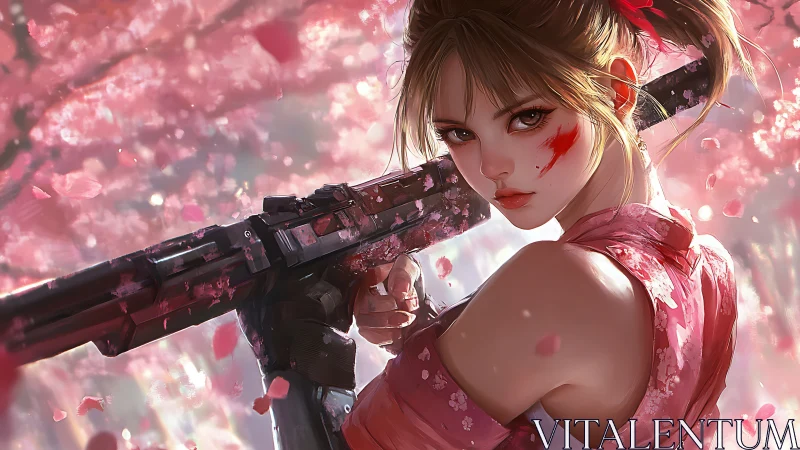 Female figure holds rifle amid dense pink blossom background