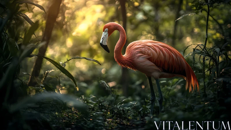 Pink flamingo standing in lush green forest light.