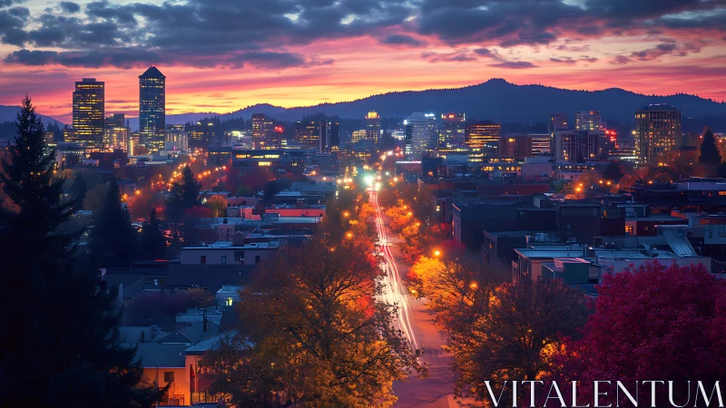 Sunset-lit city boulevard glows beneath ember-streaked sky.