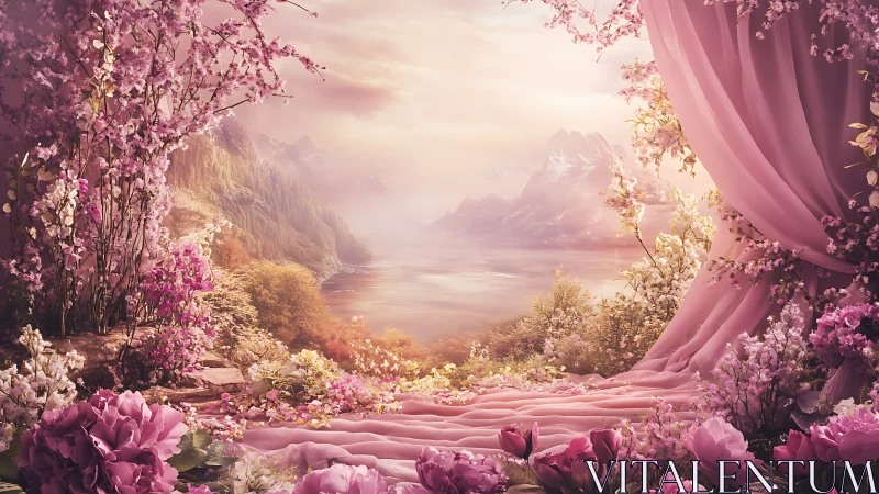 Bloom-framed lake vista under rose dawn drapery curtain.