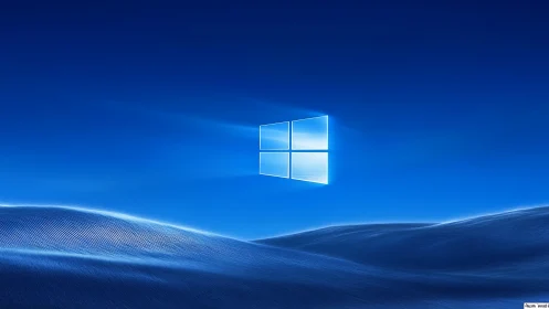 Cool blue horizon glows around a bright floating window logo