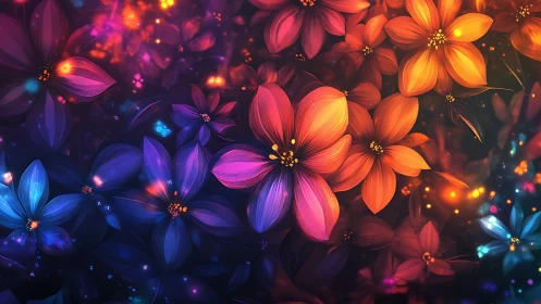 Digital flowers with luminescent properties in blue, orange, magenta spectrum