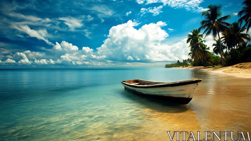Tropical shoreline with wooden boat under dramatic clouds.