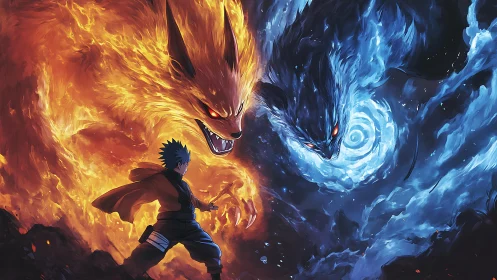 Elemental fox titans flanking ninja in polarized flame vortex.