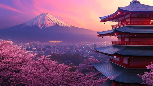 Twilight cherry blossoms serenade a pagoda and distant peak