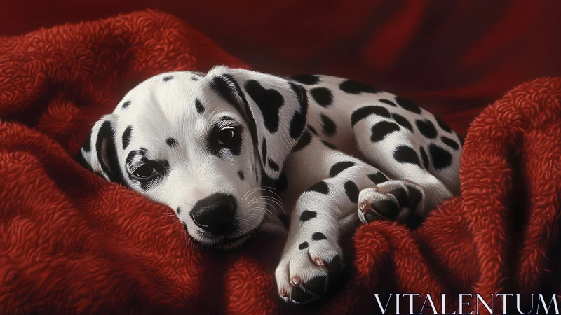 Dalmatian puppy on red fleece in high-detail photorealism.