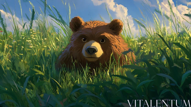 Digital painting of young bear nestled in sunlit meadow grass.