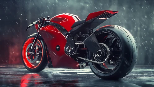 Red sport motorcycle in wet urban setting at night.
