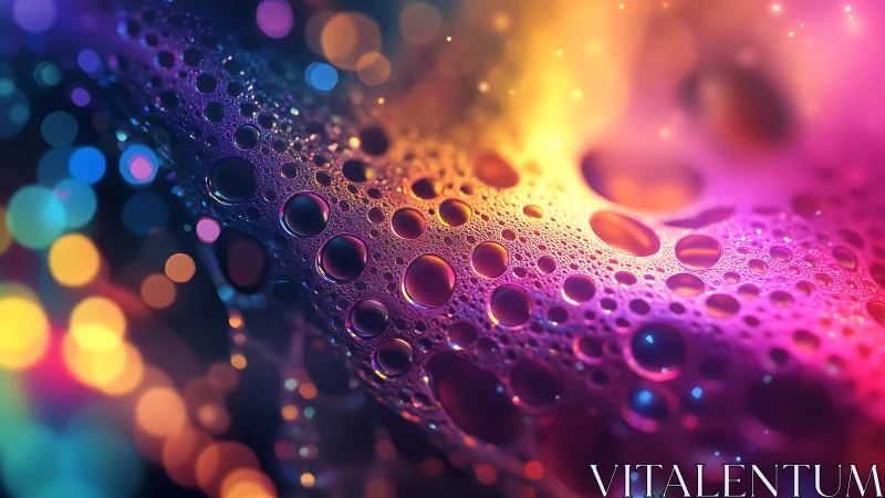 Iridescent microbubble field under prismatic neon bokeh light.