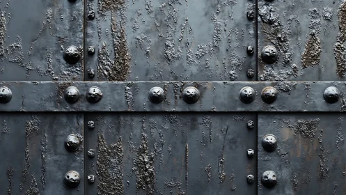 Rusted riveted metal panels with corroded textured surface.